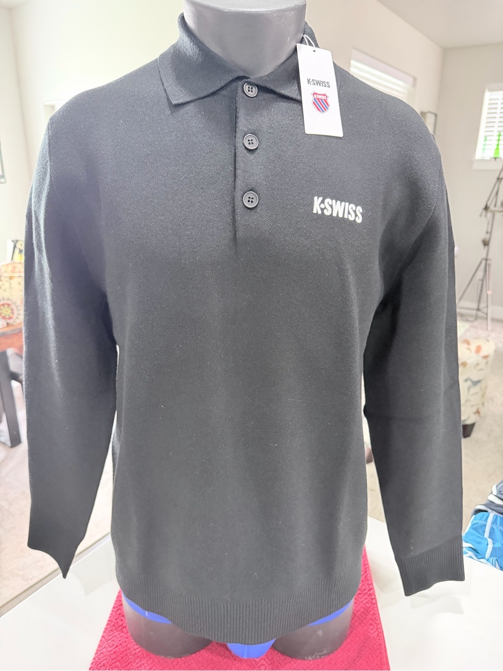 K-Swiss Men's Black Long-Sleeve Polo Sweater